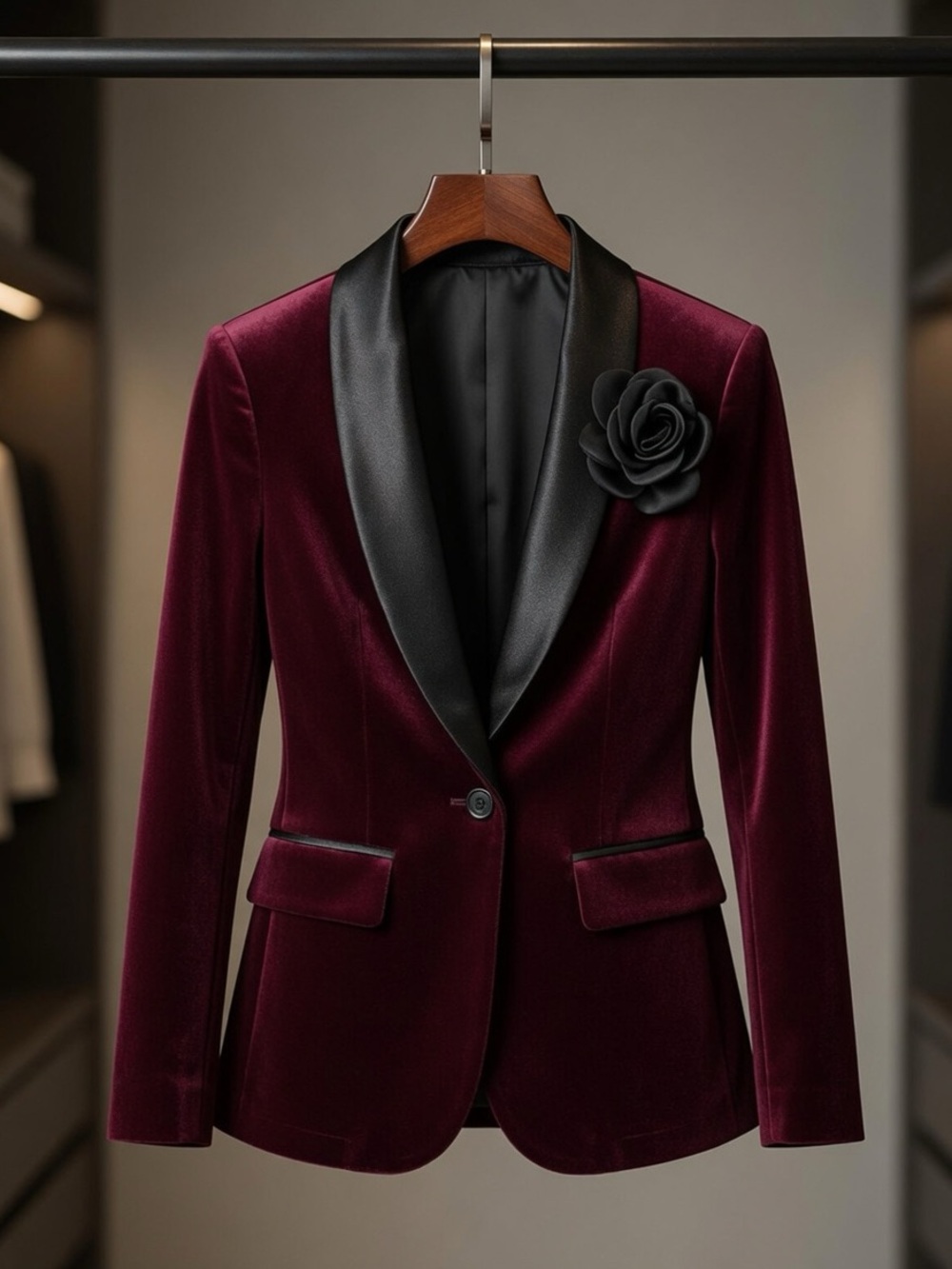 Women's Burgundy Velvet Single-Button Blazer with Black Satin Lapel - Picture 5 of 7